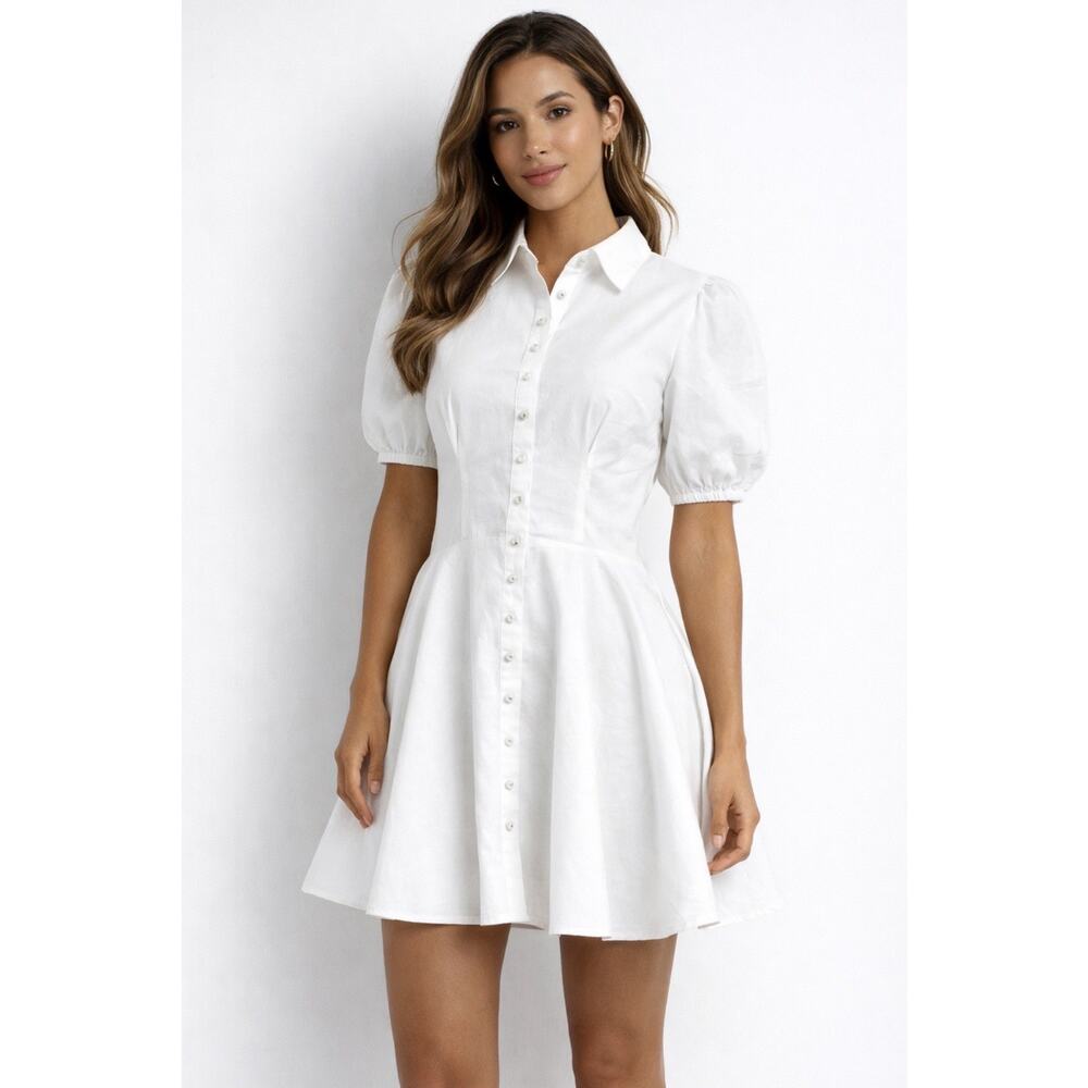 Missguided Women's Sz 4 L. Sleeve Skater Skirt White Pearl Button Up Mini Dress